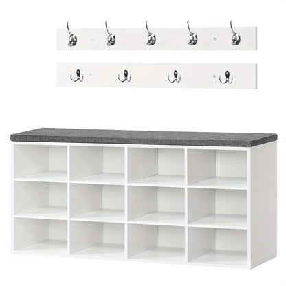Set scarpiera armadio, divanetto scarpiera con 12 scomparti, scarpiera con divanetto imbottito, armadio a muro con 9 ganci, mobiletto scarpe per ingresso, corridoio, camera da letto