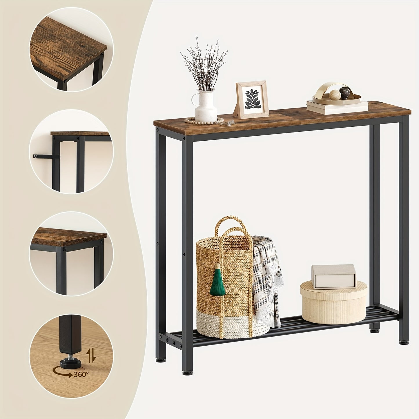 Tavolino d'Ingresso, Consolle Stretta, Tavolino a Doppio Strato, Ideale per Corridoi e Ingressi, Design Compatto in Nero e Marrone con Struttura in Metallo, Perfetto per Soggiorni e Passaggi