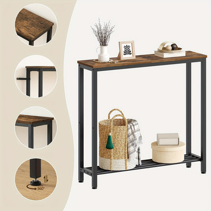 Tavolino d'Ingresso, Consolle Stretta, Tavolino a Doppio Strato, Ideale per Corridoi e Ingressi, Design Compatto in Nero e Marrone con Struttura in Metallo, Perfetto per Soggiorni e Passaggi
