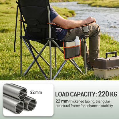 Sedia da campeggio, capacità 220 kg, sedia da campeggio pieghevole con borsa frigo, portabicchieri, borsa da trasporto, schienale alto, comodamente imbottita, sedia da pesca, sedia pieghevole per giardino, balcone, spiaggia, nero e verde/nero e grigio/ner
