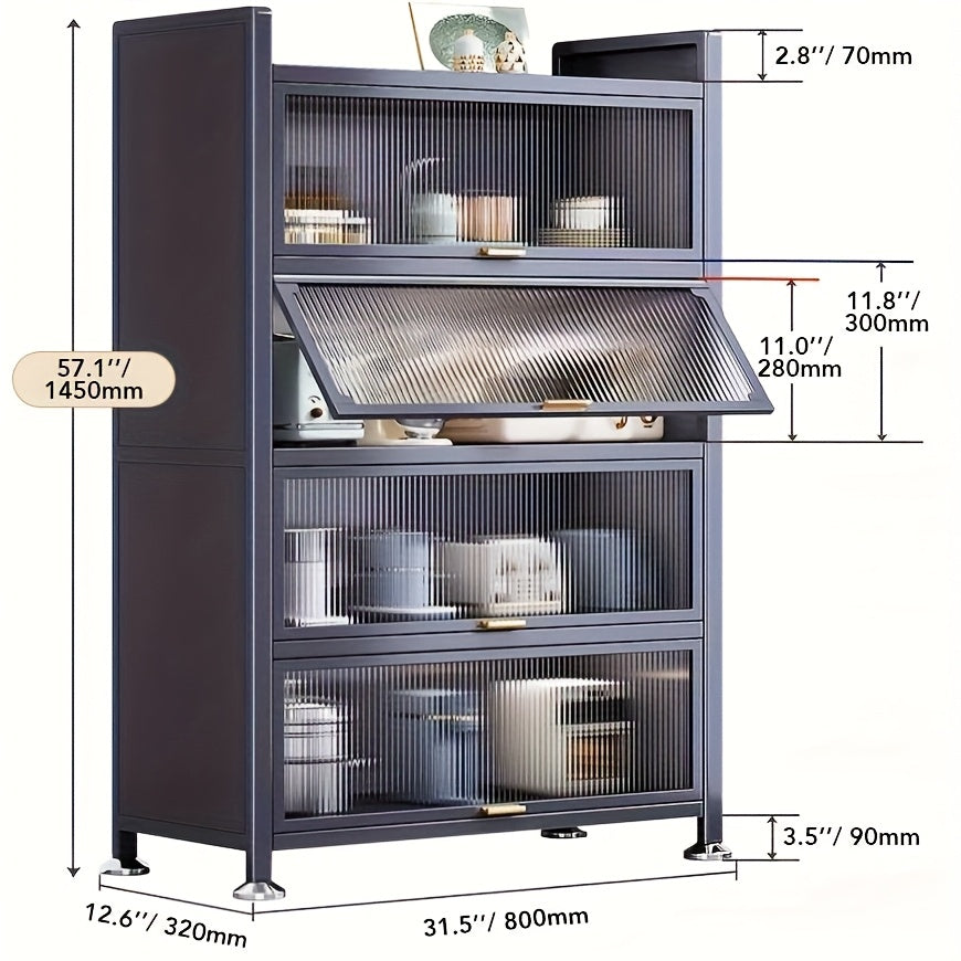 Armadietto da Cucina in Metallo a 5 Livelli con Ante Acriliche, Altezza 144.78 cm - Mobile Autoportante Grigio Scuro con Piedini Regolabili, Soluzione Versatile per Cucina, Sala da Pranzo e Organizzazione, Costruzione Robusta
