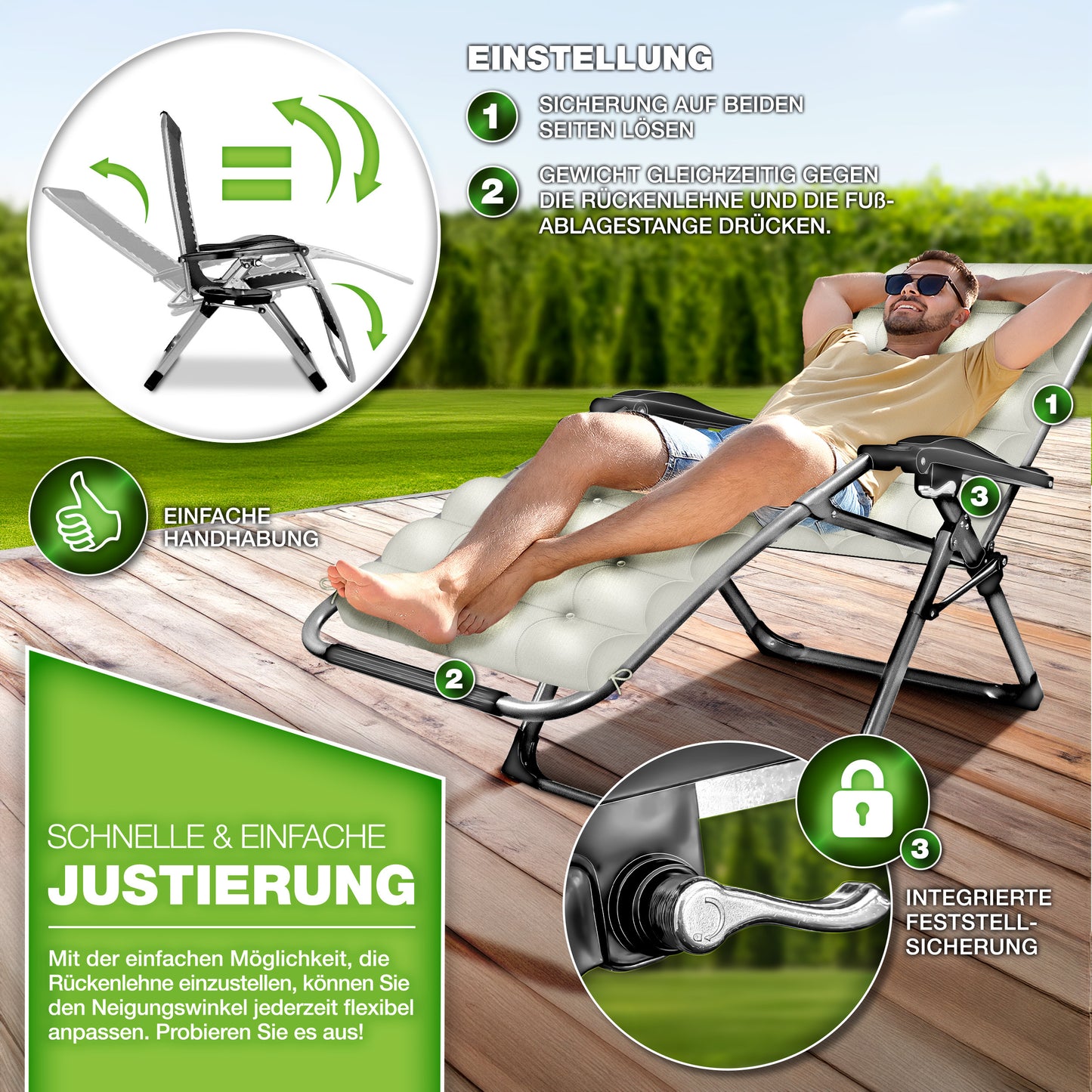 Tillvex® Poltrona Reclinabile Pieghevole Fino a 200Kg Lettino Parasole da Esterno per Giardino con Cuscino Resistente alle Intemperie Balcone, Giardino & Terrazza Lounge Esterno Regolabile con Imbottitura Spessa Poltrona Reclinabile Pieghevole Extra Larga