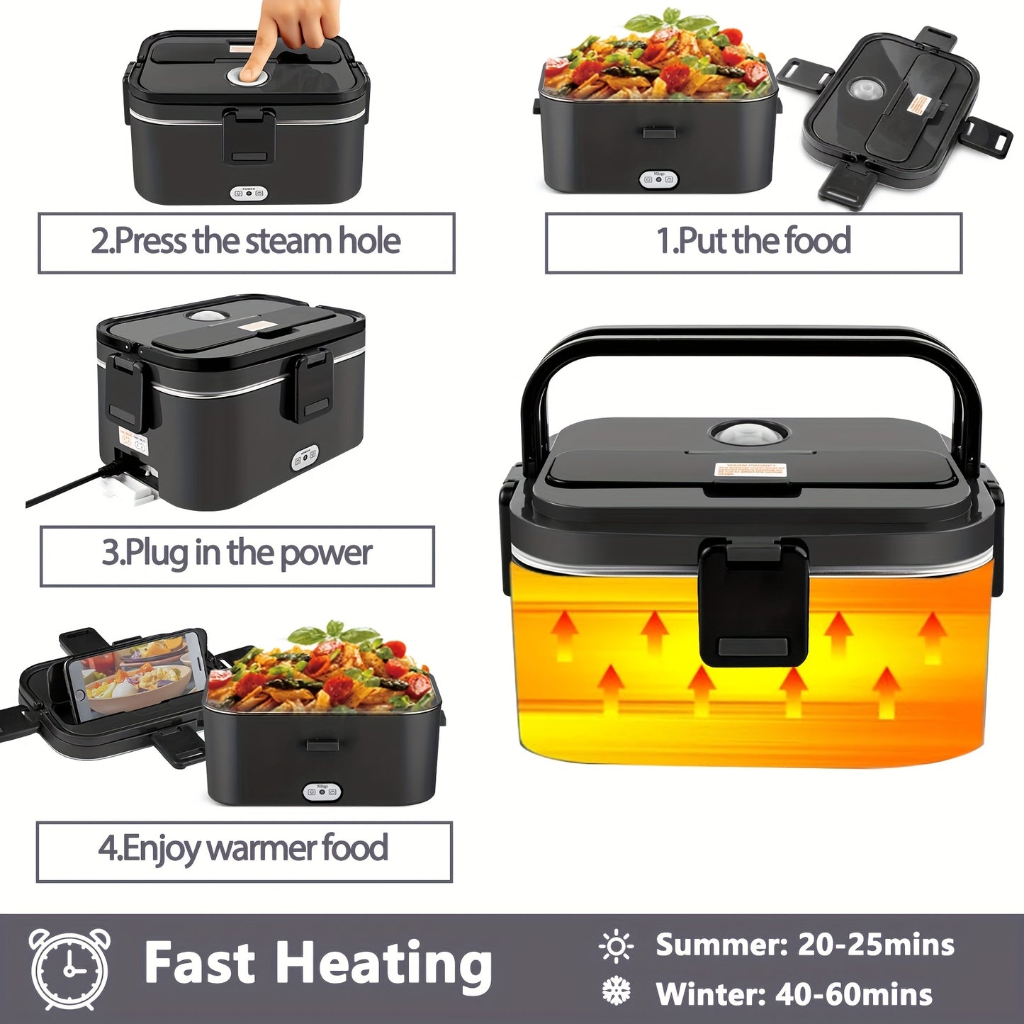 Questa lunch box offre un'uscita di potenza di 80W e una capacità di 1.8 litri, rendendola ideale per pasti per adulti. È una thermos portatile progettata per riscaldare il cibo in movimento. Include una borsa termica e un set di posate.