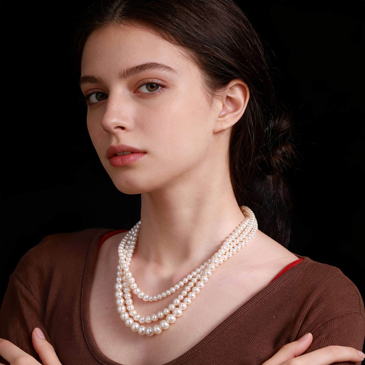 Collana in argento 925, una collana alla moda ipoallergenica a tre strati con perle d'acqua per donne, ideale come regalo per feste femminili, compleanni, banchetti, incontri, regalo per madri, anziani, insegnanti, confezionata in scatola regalo