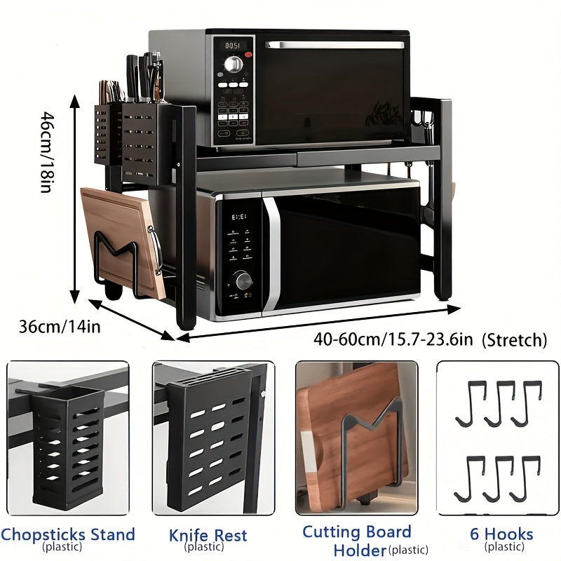 Scaffale per microonde espandibile in metallo resistente a 2/3 ripiani con 6 ganci, scaffale per condimenti, scaffale portaoggetti, ripiano da cucina regolabile salvaspazio, organizer da appoggio, robusto ripiano sopra l'armadio, facile da montare, forno