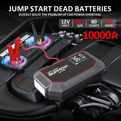 BUPMOVA 10000A Avviatore Portatile per Auto con Compressore d'Aria, Torcia, Power Bank di Grande Capacità, Ampio Display, Luci LED, Caricatore Booster Batteria 12V per Tutti i Motori a Benzina e Diesel - Avvio Rapido Batteria Scarica, Dispositivo di Assis