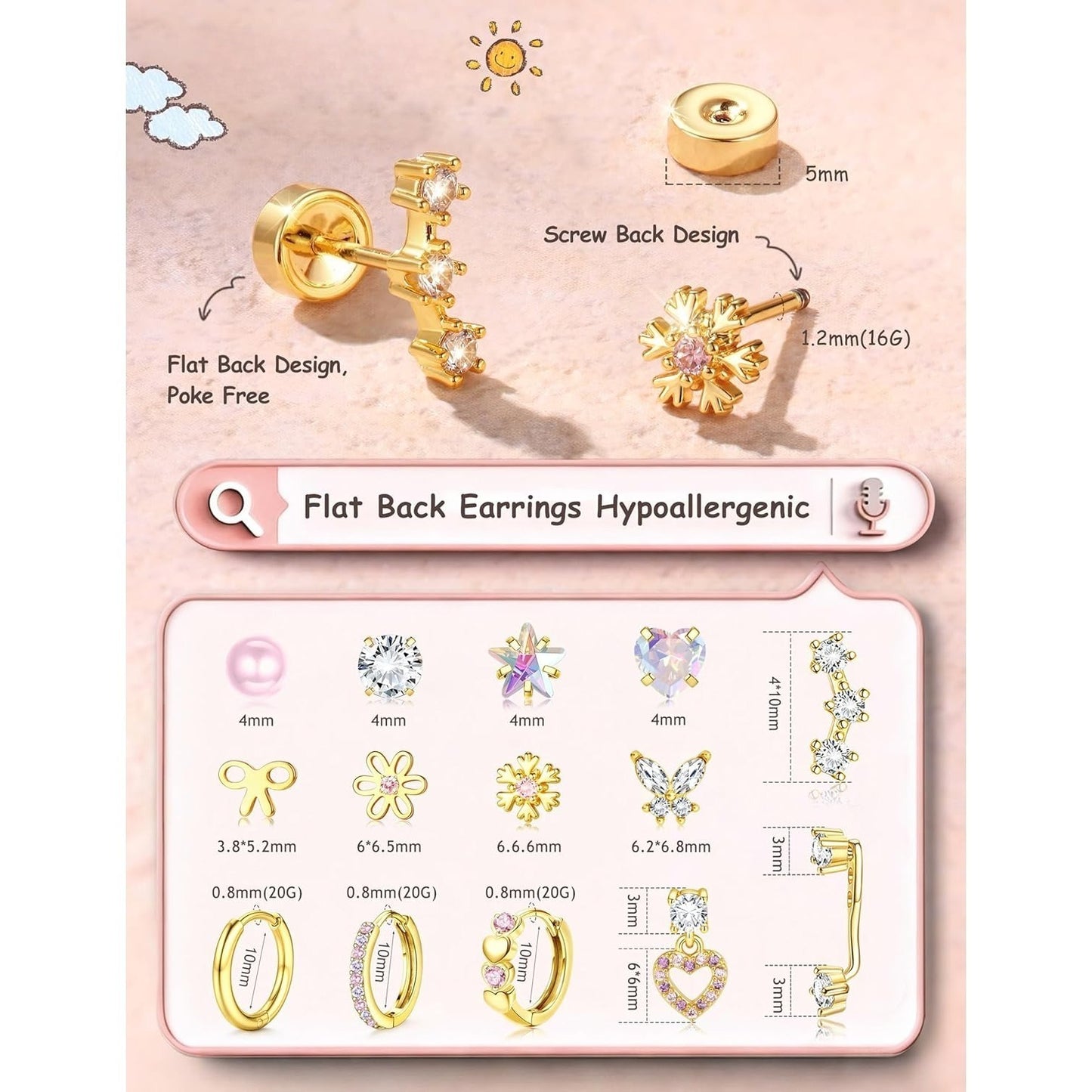 2D Flat - 14 Paia di Orecchini a Turchese Ipoallergenici per Donna | Acciaio Inossidabile Chirurgico, Placcato Oro 14K, Zirconia Sintetica, Stile Elegante e Facile - Set di Orecchini a Turchese con Base Piatta, Piccoli Cerchi