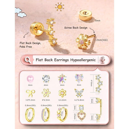 2D Flat - 14 Paia di Orecchini a Turchese Ipoallergenici per Donna | Acciaio Inossidabile Chirurgico, Placcato Oro 14K, Zirconia Sintetica, Stile Elegante e Facile - Set di Orecchini a Turchese con Base Piatta, Piccoli Cerchi
