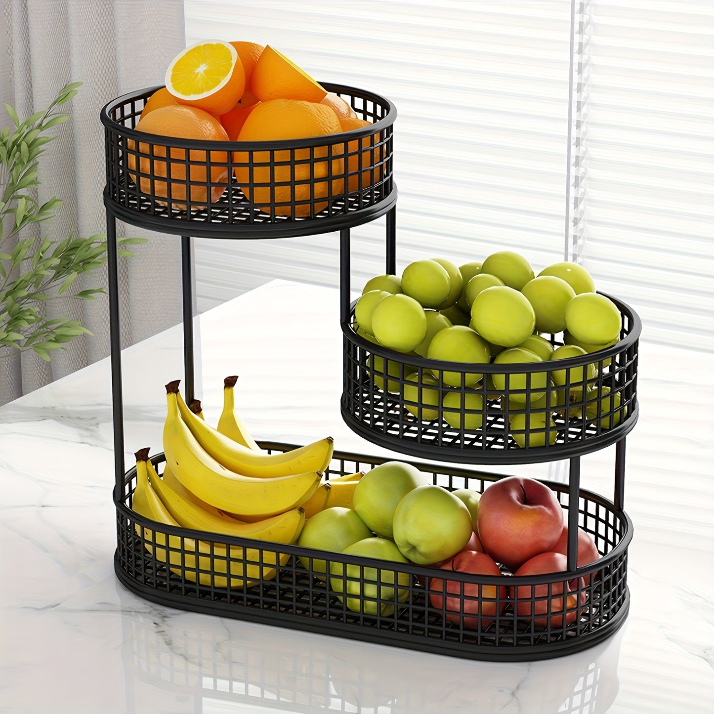 Porta Frutta a Tre Ripiani Spazioso in Metallo Nero - Stoccaggio Ottimizzato in Cucina - Ideale per Conservare Frutta, Verdura, Pane e Snack, Ottima Opzione per Natale, Perfetto per il Ringraziamento