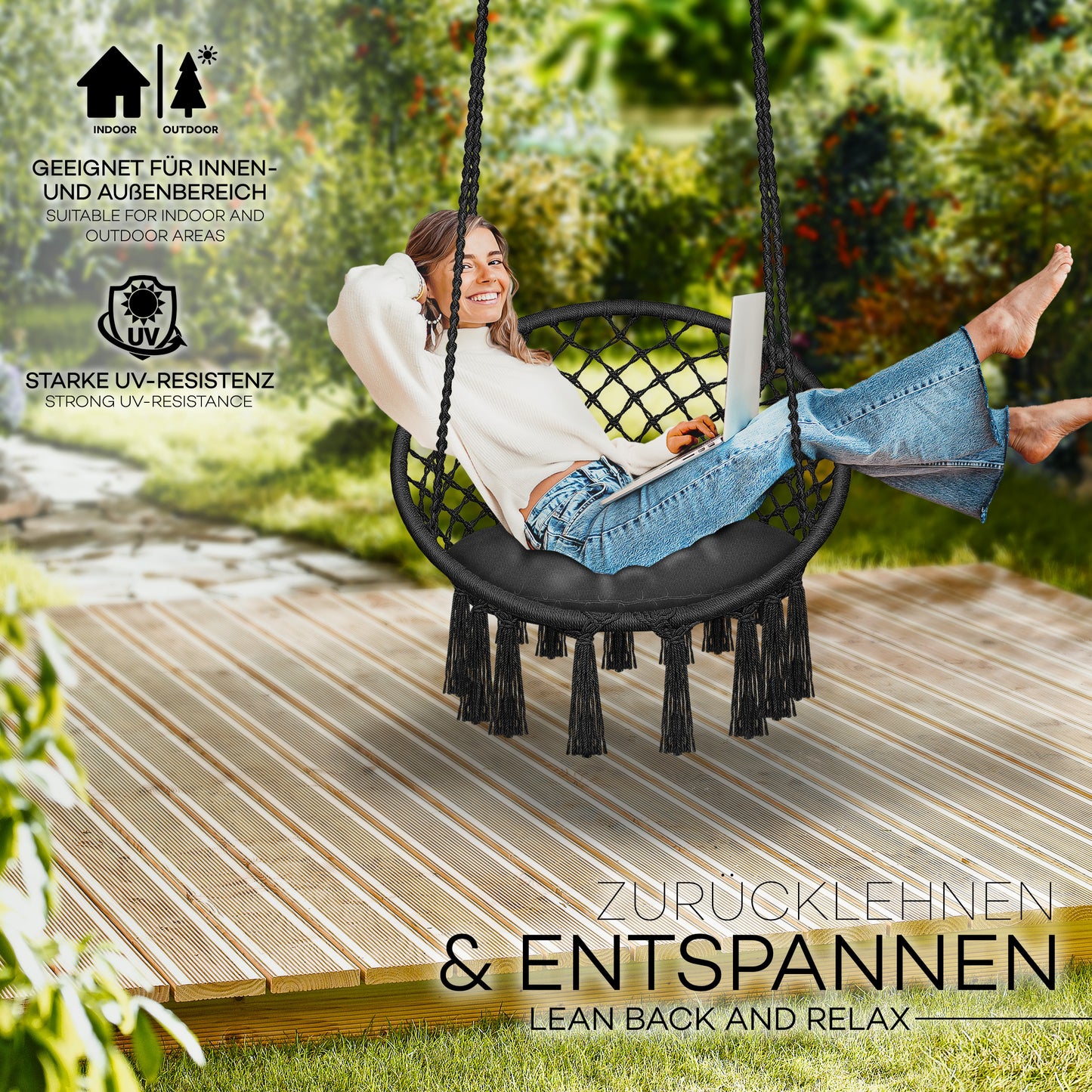 Sedia sospesa da esterno Tillvex®, capacità 200 kg, sedia sospesa XL da interno con cuscino, cesta a dondolo resistente alle intemperie, altalena sospesa con cuscino