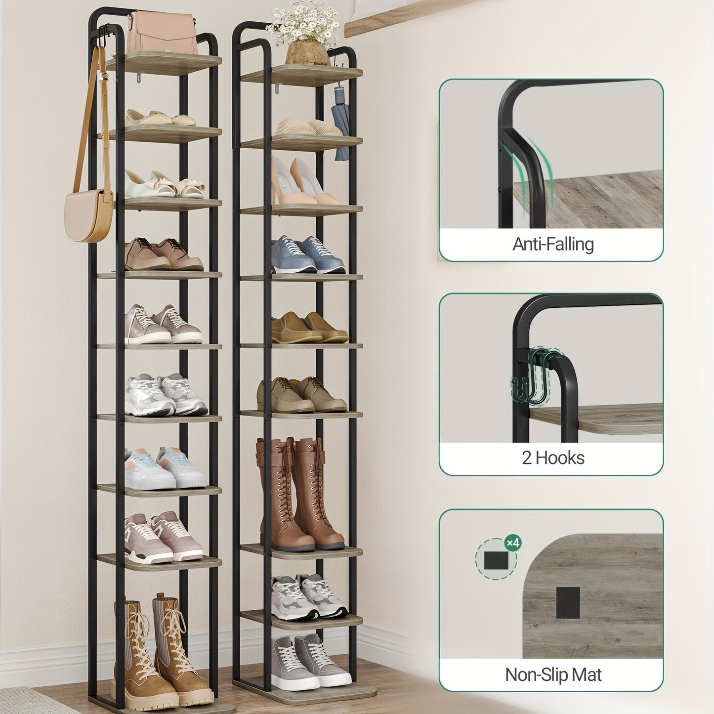 Scarpiera verticale, organizzatore per scarpe, torre portascarpe salvaspazio, autoportante, regolabile, 10 ripiani