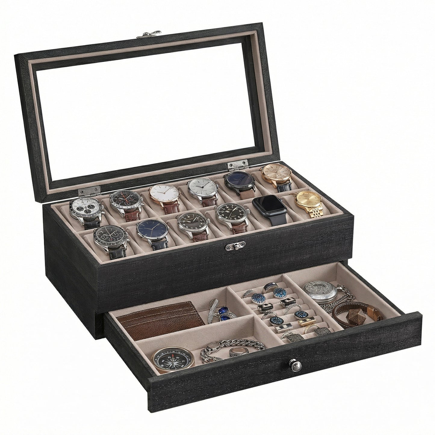 Scatola per Orologi, Porta Orologi in Legno, Scatola Portaorologi a 2 Livelli, 12 Posti, con Coperchio in Vetro, Cuscinetti per Orologi, Rivestimento in Velluto, scatola di conservazione a grande capacità per la casa, scelta ideale per i regali, scomparti
