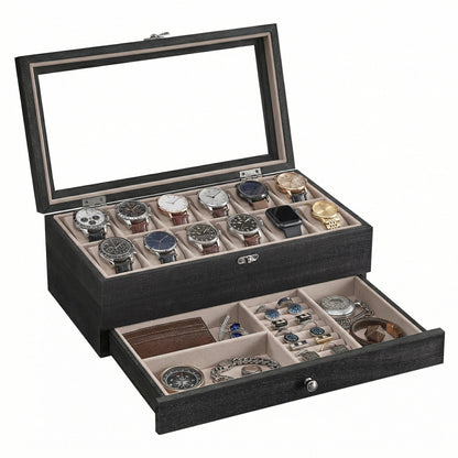 Scatola per Orologi, Porta Orologi in Legno, Scatola Portaorologi a 2 Livelli, 12 Posti, con Coperchio in Vetro, Cuscinetti per Orologi, Rivestimento in Velluto, scatola di conservazione a grande capacità per la casa, scelta ideale per i regali, scomparti