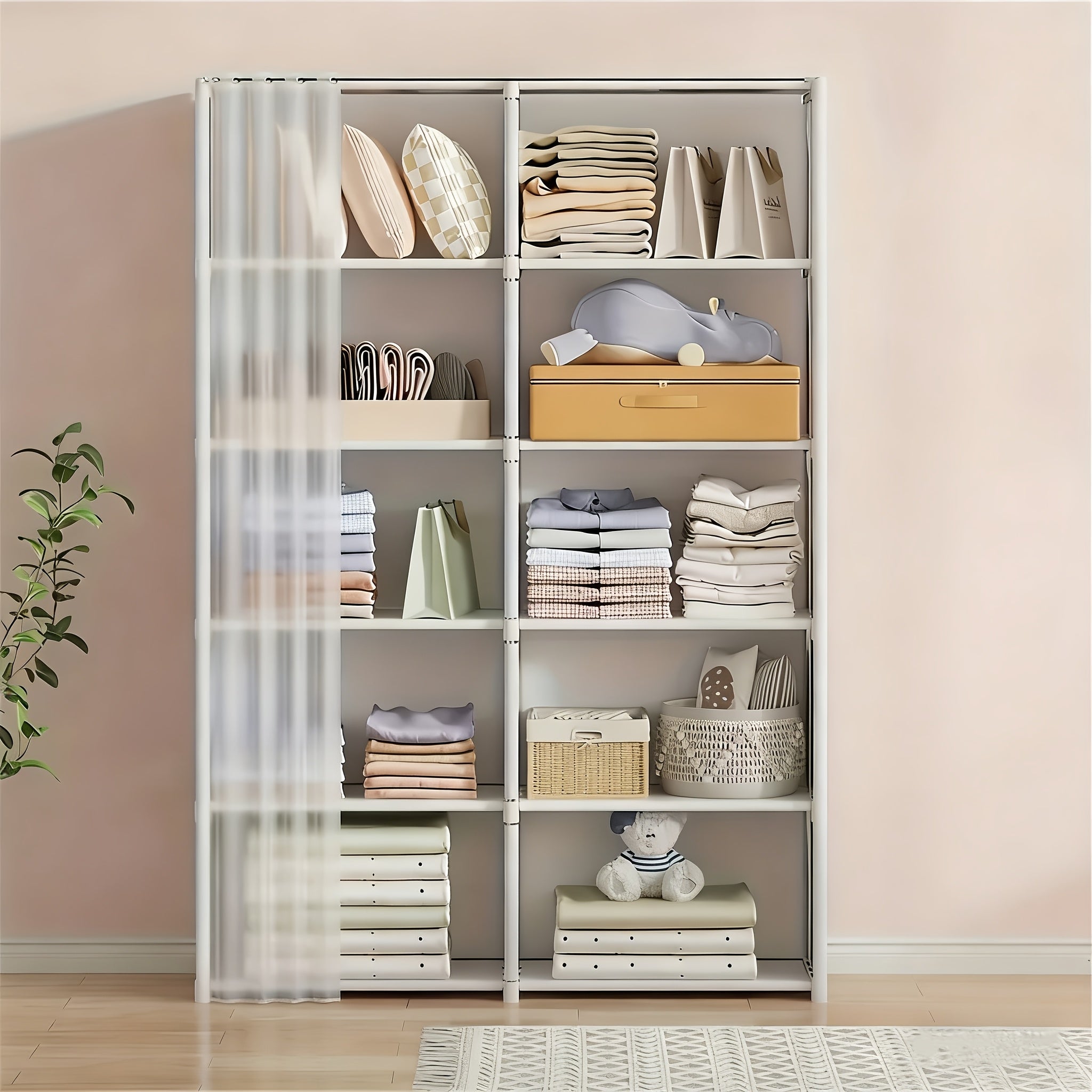 Organizzatore di Grande Capacità, Scaffale per Libri, Armadio per Abiti con Vetrina Antipolvere e Ripiani Robusti, con Ganci Pratici, Materiale Plastico, Senza Necessità di Elettricità, per Ufficio, Aula, Stanza in Affitto e Dormitorio, Armadi Portatili