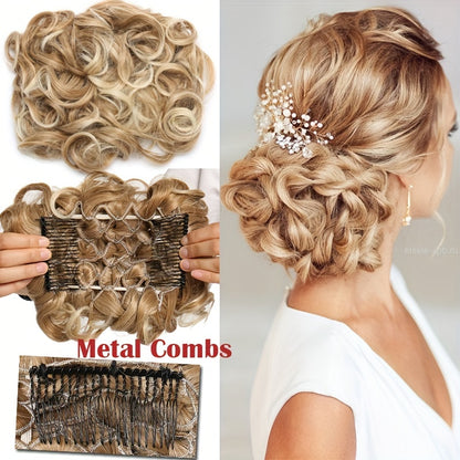 Chignon Elegante con Rosa e Pettine Floreale - Extension Ricci Sintetiche per Acconciature, Scrunchie Messy Updo in Ombre Nero/Marrone Balayage, Accessori per Capelli con Clip Facili da Applicare, Ideali per Matrimoni, Feste & Occasioni Speciali