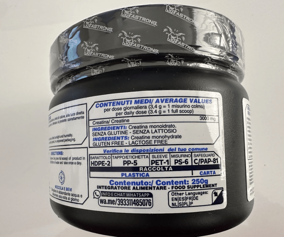 Creatina Monoidrata 3000 mg CreaStrong, Creatina in Polvere Senza Additivi, Creatina Vitastrong 250 g Solubile