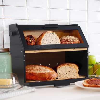 Contenitore per pane in bambù con ventilazione, cassetta per pane grande, 2 ripiani e finestra di visuale, contenitore per pane in legno, panini, contenitore per pane da cucina