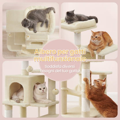 Albero per Gatti 112 cmdi Peluche, 4 Pali Tiragraffi, 2 Pompon, 1 Amaca, 2 Piattaforme, 1 Nicchia
