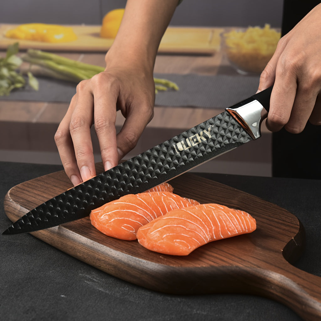 Coltello da Cucina LeQi - Motivo a Rombi - Manico Marrone e Nero - Set da 6 Pezzi in Scatola, Set di 6 Coltelli in Acciaio Inossidabile, Utensili da Cucina in Acciaio Inossidabile. Coltello da Cucina Forgiatura, Forbici, Pelapatate, Coltello per Sbucciare