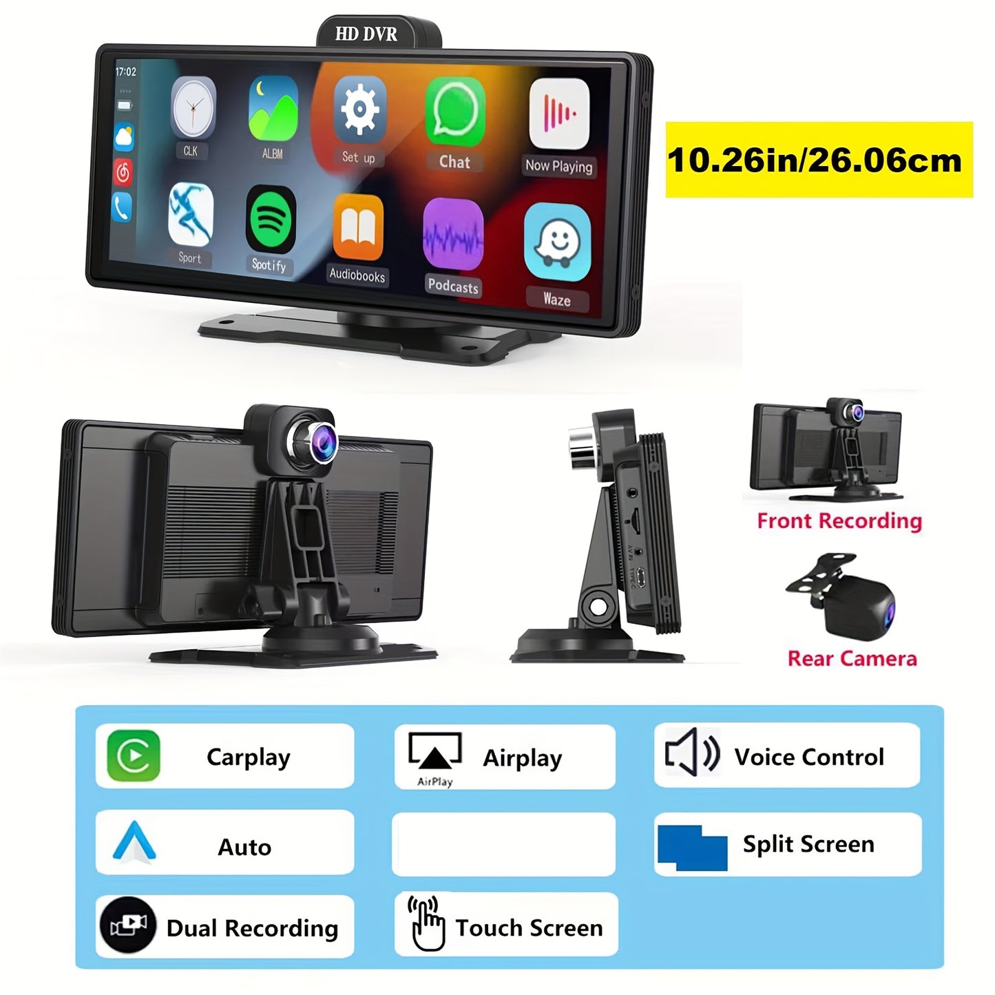 DVR universale per auto 26.06cm Carplay wireless Android Auto telecamera anteriore 2K+1080P telecamera posteriore controllo vocale GPS Dashcam DVR