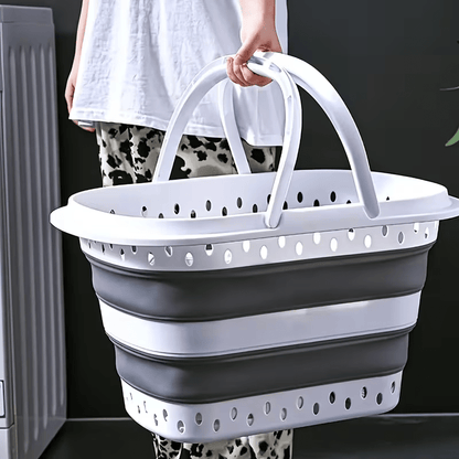 Cesto per il Bucato Retrattile e Pieghevole con Maniglie - 45 Litri - Bianco Grigio