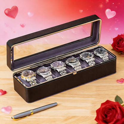 Porta Orologi di Lusso a 6 Scomparti con Coperchio Trasparente - Ampio Spazio di Stoccaggio, Adatto per Orologi Meccanici e al Quarzo da Uomo e da Donna, Design Portatile per Uso Domestico o in Viaggio, Soluzione per la Conservazione degli Orologi