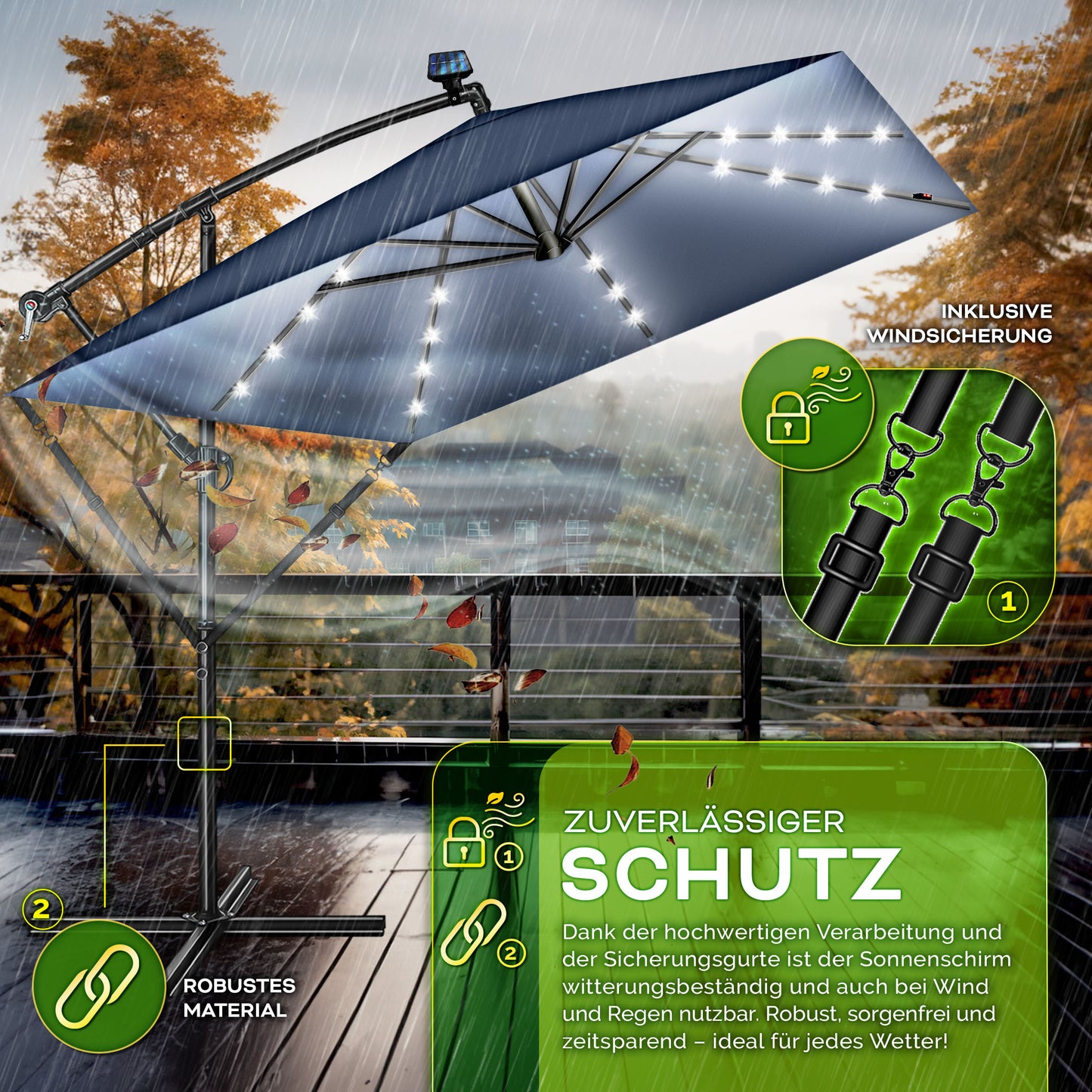 Tillvex® Tenda da Sole Rettangolare in Alluminio con LED Solare Ø 330 Cm + Copertura con Manovella | Ombrello Angolare con Luce Stradale, Supporto e Parabrezza | Grande Ombrello da Giardino in Alluminio con Protezione UV | Ombrello con Manovella, Ombrello