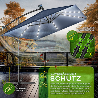 Tillvex® Tenda da Sole Rettangolare in Alluminio con LED Solare Ø 330 Cm + Copertura con Manovella | Ombrello Angolare con Luce Stradale, Supporto e Parabrezza | Grande Ombrello da Giardino in Alluminio con Protezione UV | Ombrello con Manovella, Ombrello