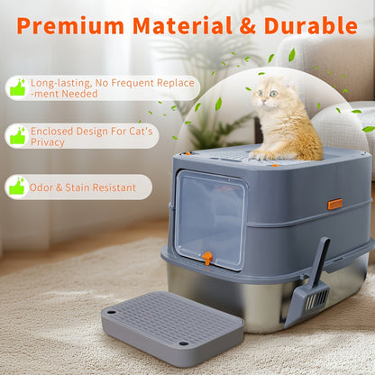 Lettiera per gatti extra large in acciaio inossidabile con coperchio - Misura XL, sponde alte, a prova di perdite, design facile da pulire, include paletta - Adatta per più gatti e razze di grandi dimensioni