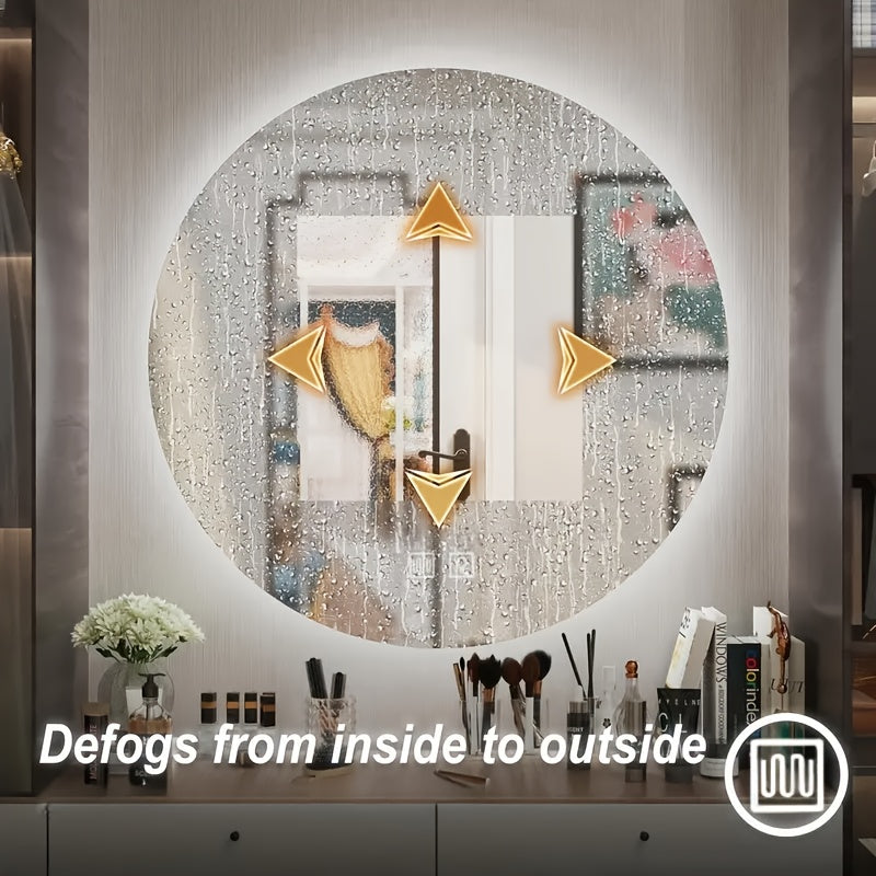 Specchio da bagno grande circolare retroilluminato con un diametro di 49,99 centimetri, adatto per hotel e uso domestico, inclusi i bagni. Viene fornito con un pulsante a pressione con funzione defogliante e un pulsante di illuminazione, imballaggio sicur