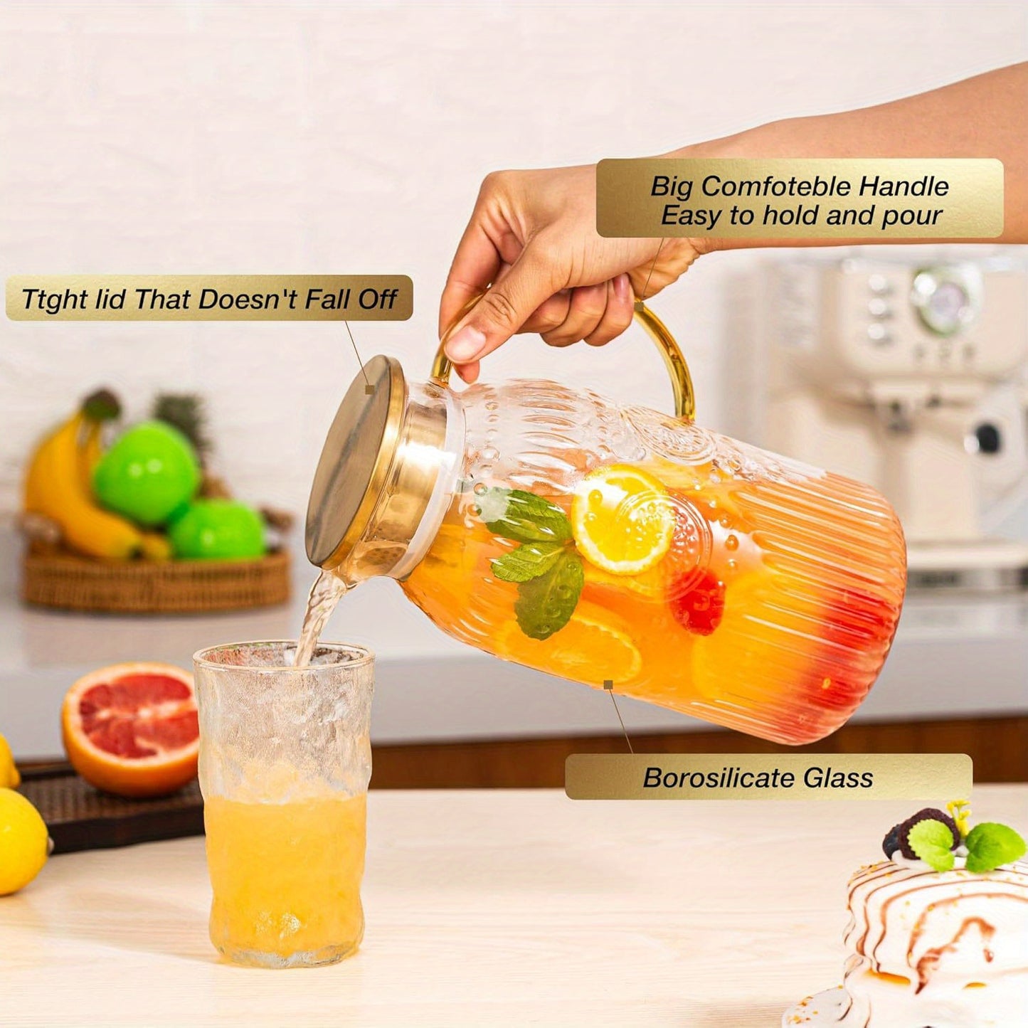 Bandesun 1/2 pezzi Caraffa in vetro con coperchio, 68Oz/2 Litri Caraffa d'acqua vintage, Caraffa in vetro per infusione a freddo, caffè, limonata, tè freddo, bevanda, brocca in vetro resistente al calore, caraffa per servire bevande, distributore di bevan