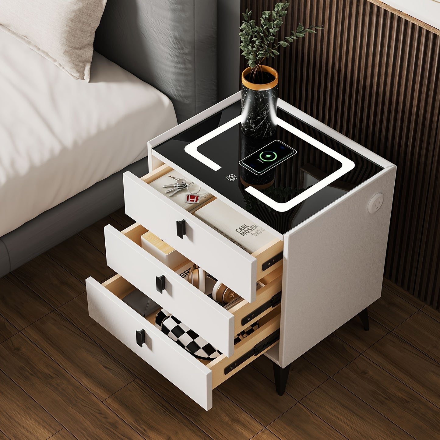 Comodino Nero/Bianco, Comodino con Luci LED Regolabili e 3 Cassetti, Organizer per Comodino Lucido per Camera da Letto