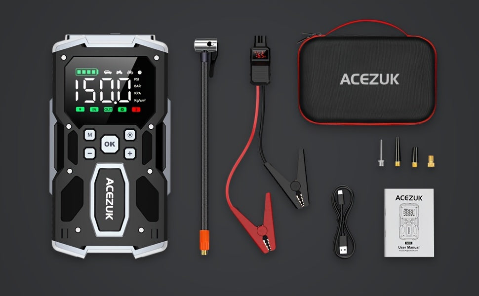 Avviatore di emergenza per auto 12000A con compressore d'aria, booster batteria 12V per tutti i motori a benzina/diesel da 10L, gonfiatore portatile per pneumatici con display LCD, luce LED QC3.0, per SUV, camion, moto con custodia