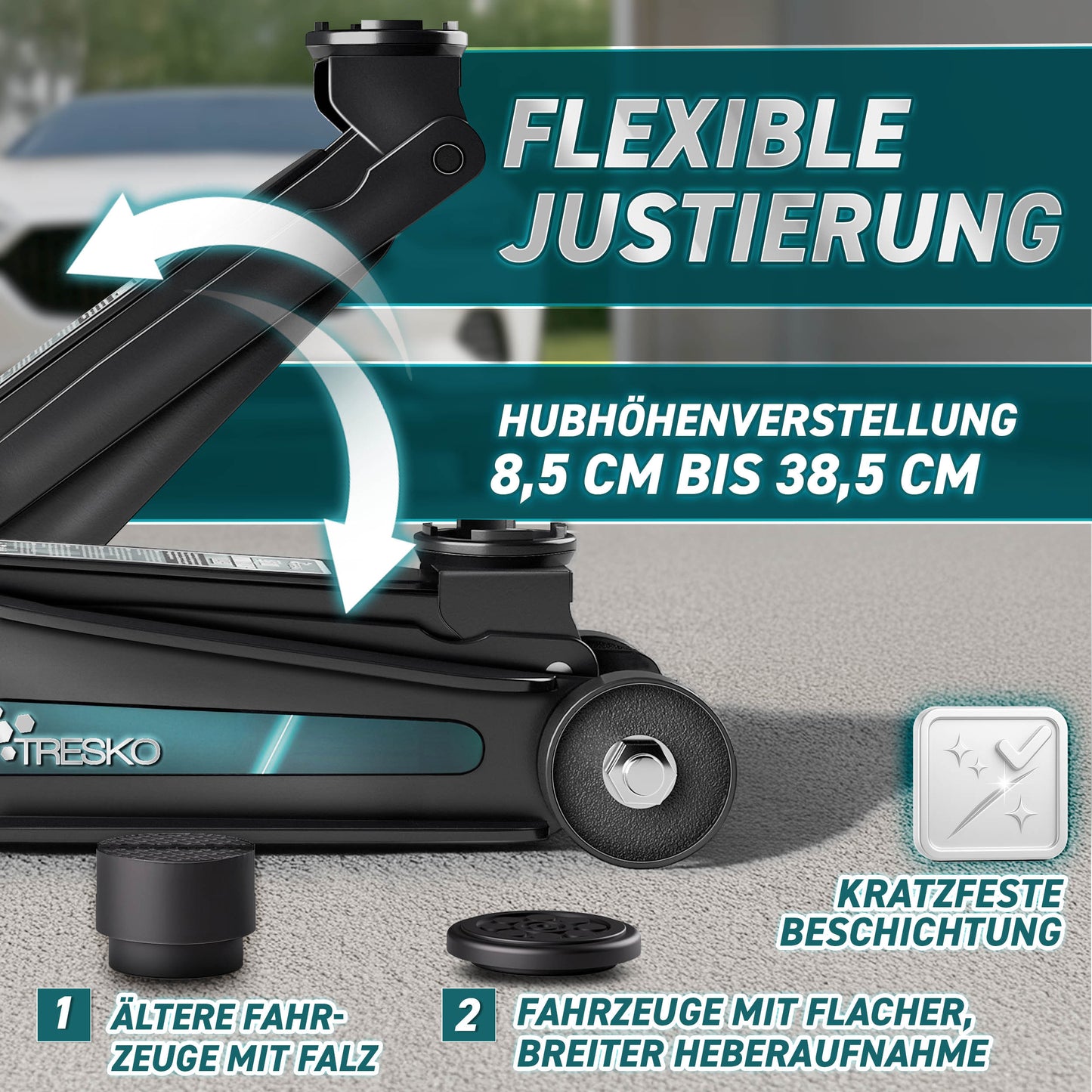 Cric idraulico per auto TRESKO® 2.5 - 3T | Cric idraulico per spostamento auto e SUV con ruote piane e a 360°, include 2 guarnizioni in gomma, tappetino protettivo, guanti