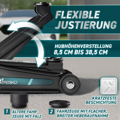 Cric idraulico per auto TRESKO® 2.5 - 3T | Cric idraulico per spostamento auto e SUV con ruote piane e a 360°, include 2 guarnizioni in gomma, tappetino protettivo, guanti