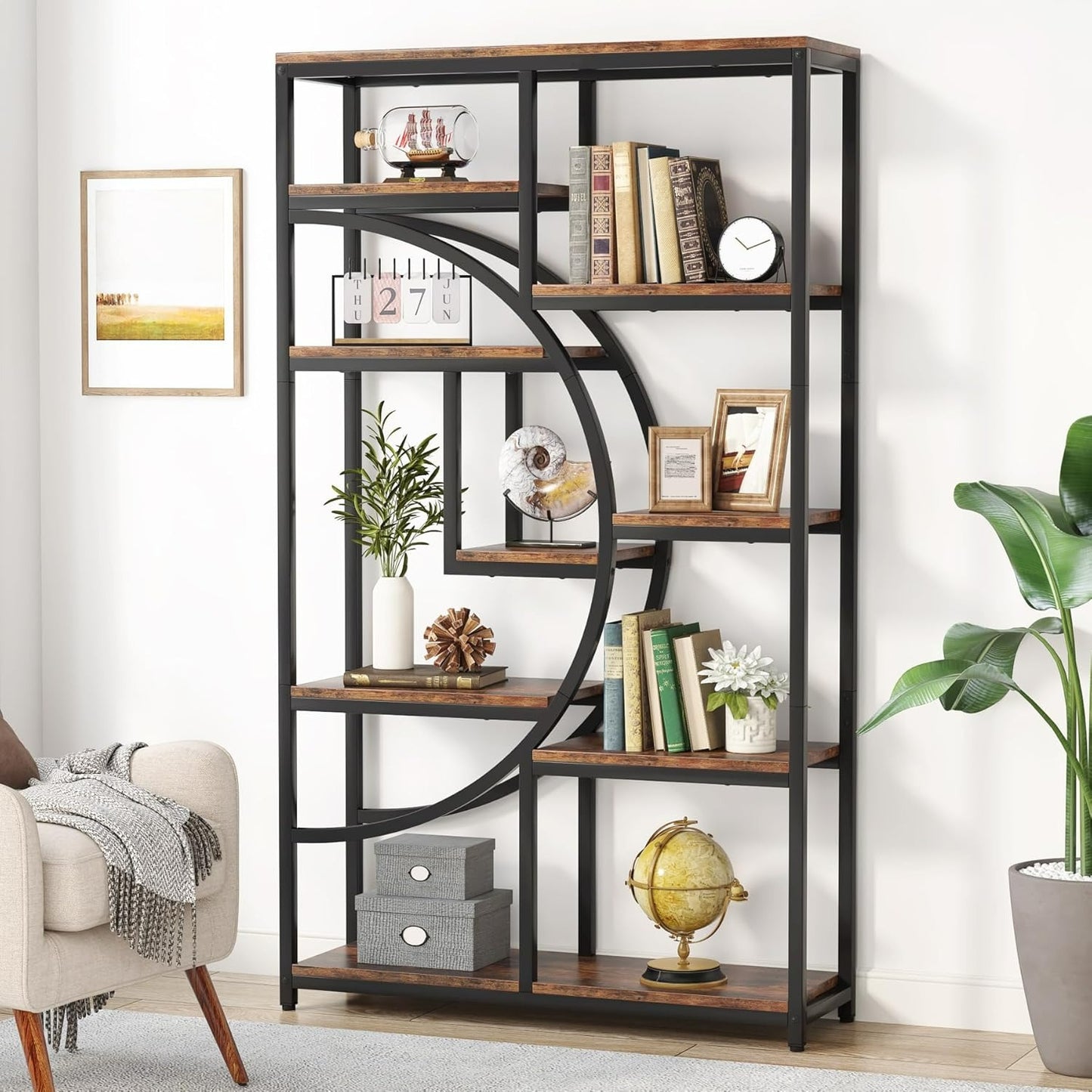 Libreria moderna a 5 ripiani, scaffali alti indipendenti per esposizione e stoccaggio con 9 ripiani aperti, ideale per soggiorno e contenitori