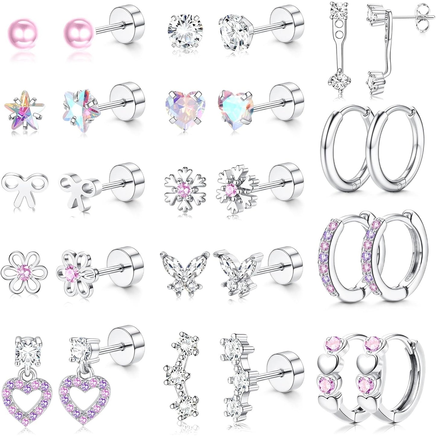 2D Flat - 14 Paia di Orecchini a Turchese Ipoallergenici per Donna | Acciaio Inossidabile Chirurgico, Placcato Oro 14K, Zirconia Sintetica, Stile Elegante e Facile - Set di Orecchini a Turchese con Base Piatta, Piccoli Cerchi