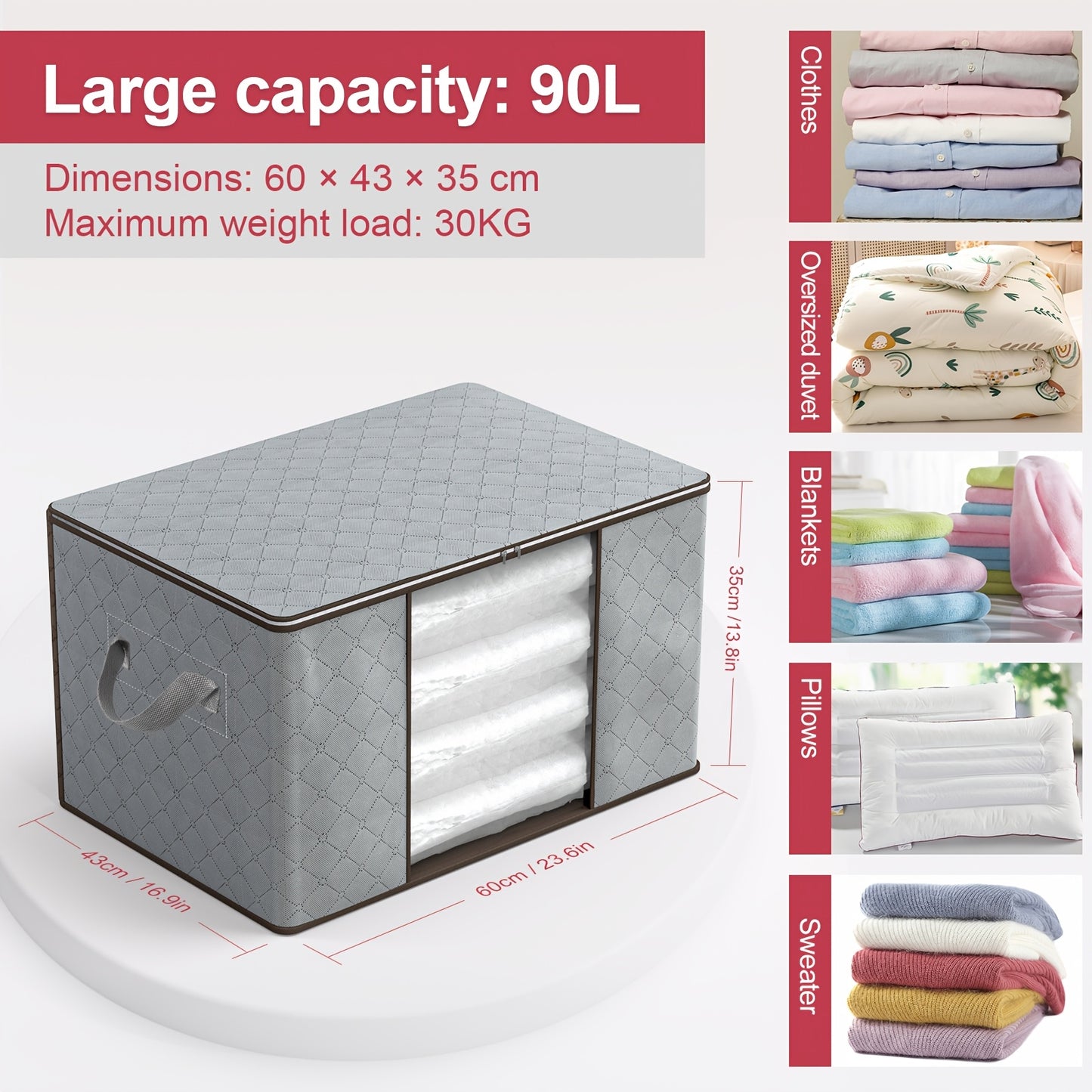 Scatola portaoggetti grigia con coperchio, progettata per organizzare vestiti, coperte e cuscini, con design pieghevole e maniglie rinforzate, con una capacità di 90 litri, contenitore da mettere sotto il letto