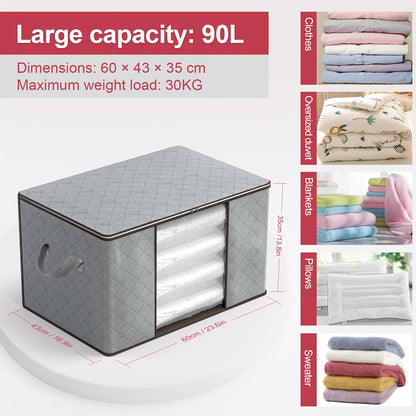 Scatola portaoggetti grigia con coperchio, progettata per organizzare vestiti, coperte e cuscini, con design pieghevole e maniglie rinforzate, con una capacità di 90 litri, contenitore da mettere sotto il letto