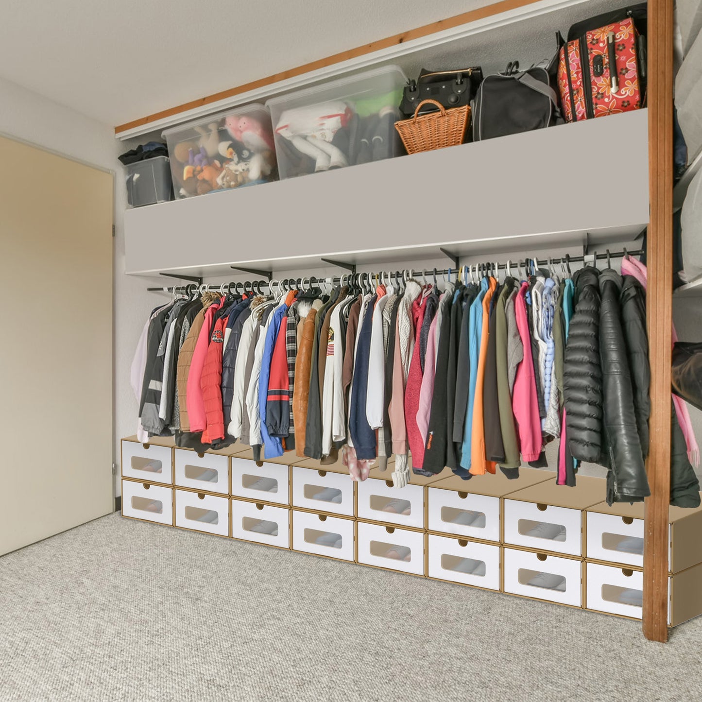 Scatole Rettangolari Impilabili con Cassetto Estraibile e Finestra Trasparente, Organizzatore in Carta Kraft per Scarpe, Abbigliamento e Accessori (10pz/20pz)