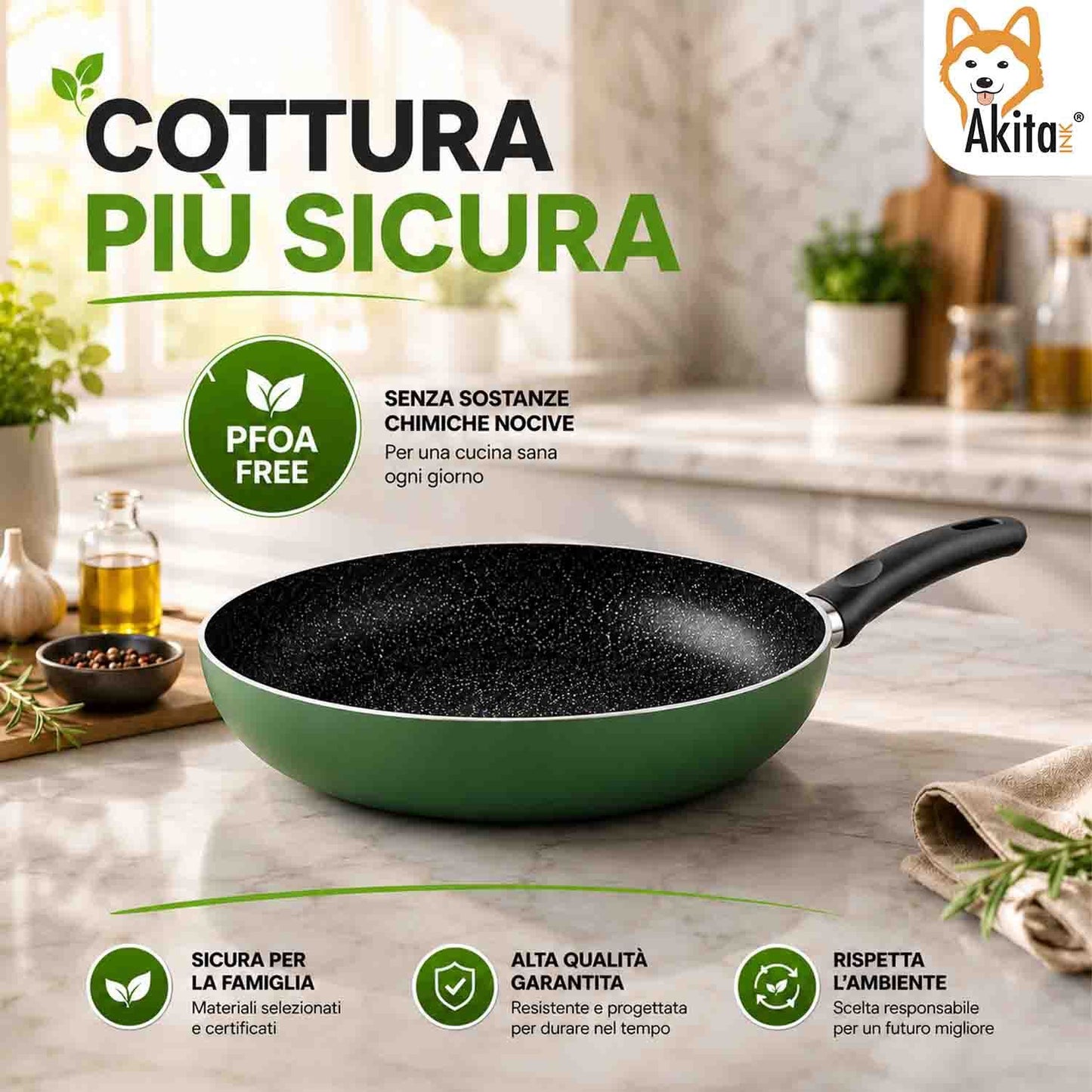 Akitaink Set 3 Padelle Antiaderenti Natura 20-24-28 cm Verde, Padelle in Alluminio con Rivestimento Antiaderente, Cottura Uniforme e Facile Pulizia