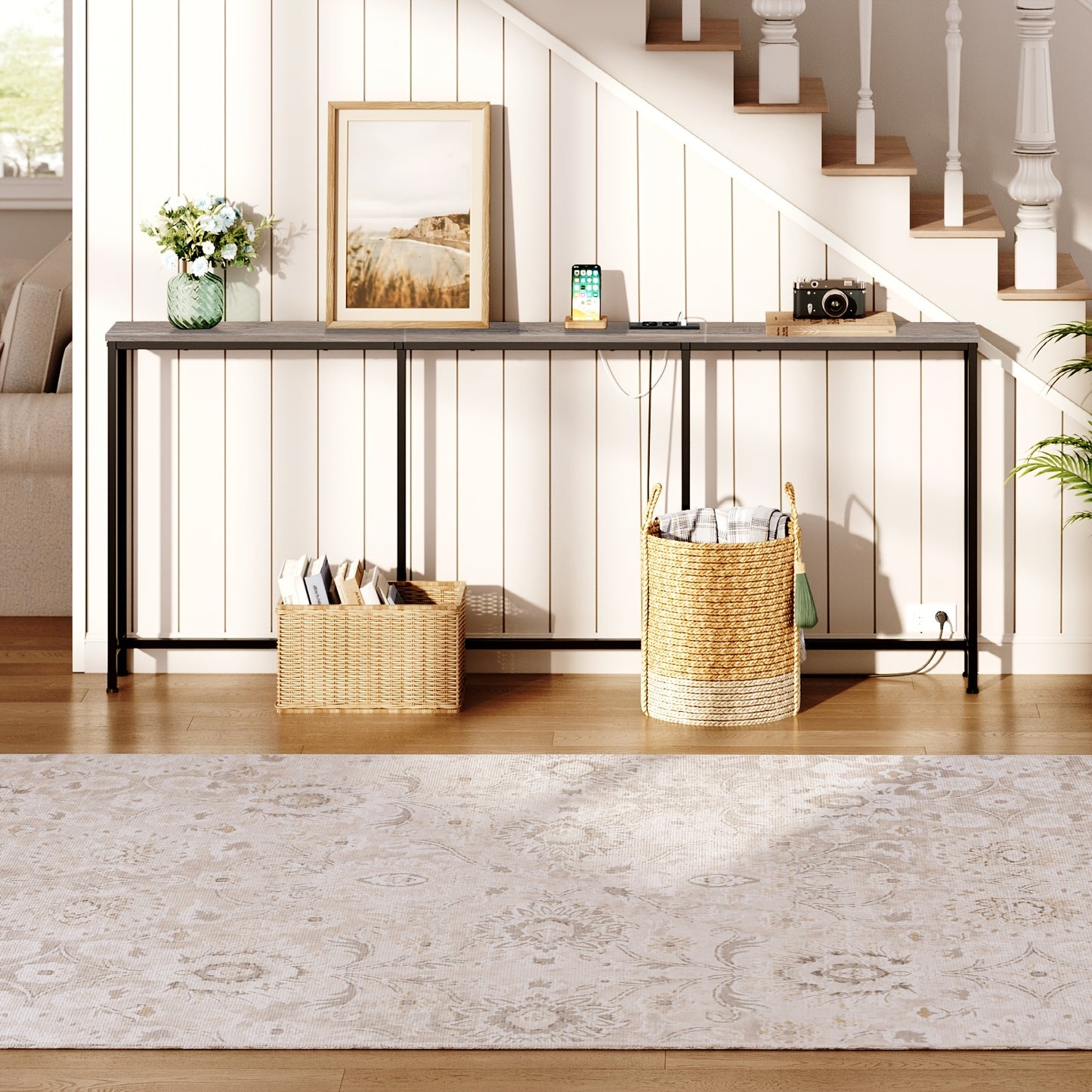 Tavolino Comodino Lungo e Sottile - Elegante Tavolino Rettangolare per Divano per Spazi Piccoli, Perfetto come Tavolino da Letto o dietro il Divano, Moderno Tavolino Sa Sottile con Organizzatore, per Soggiorno, Ingresso, Corridoio, Marrone