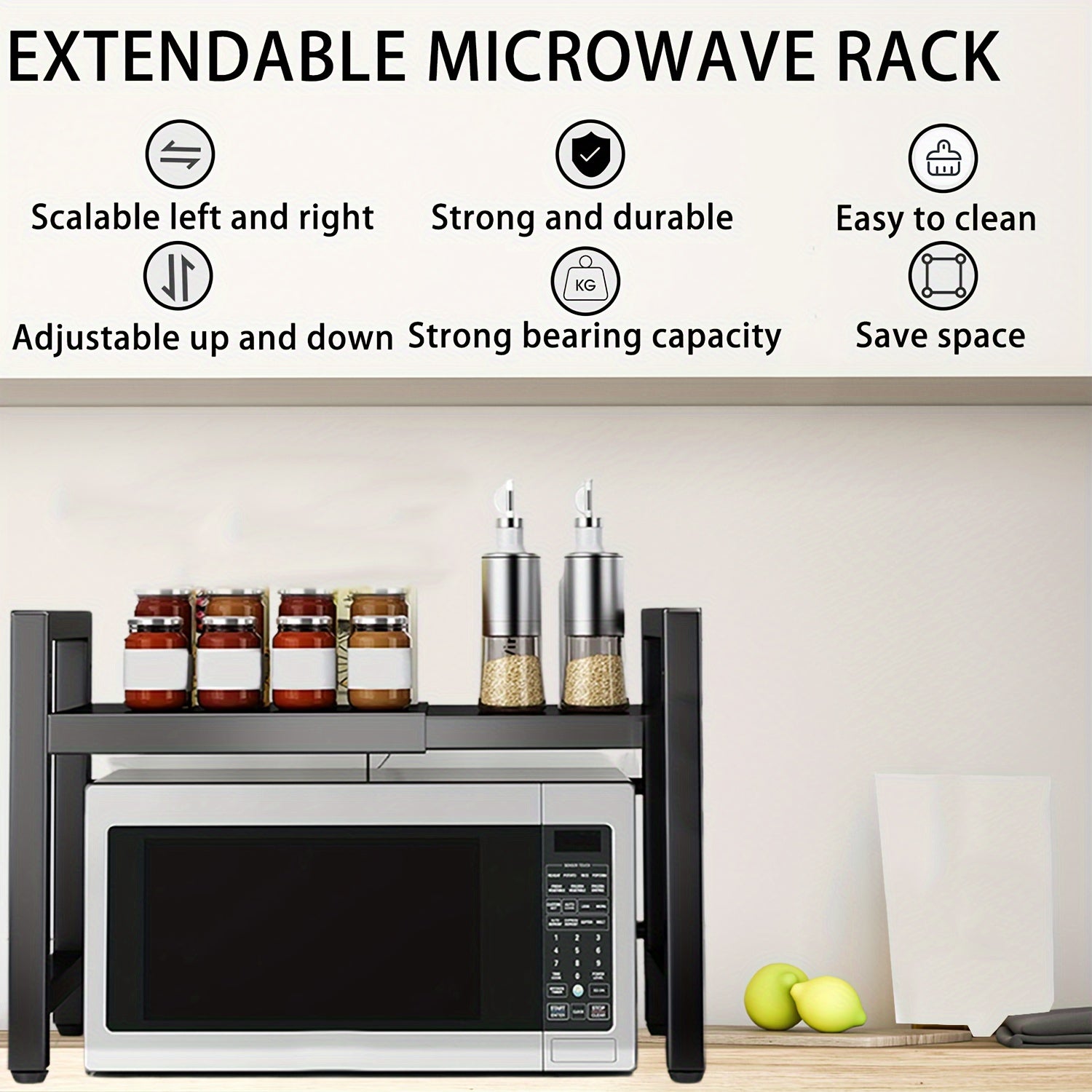 Scaffale Estensibile per Microonde, Scaffale a 2 Ripiani per Microonde con 3 Asciugamani, 5 Ganci, Porta Bacchette e Porta Tagliere, Organizer da Cucina, Scaffale per Cottura a Microonde, Piano di Lavoro, Estensibile 40-64 Cm (Nero, Bianco)
