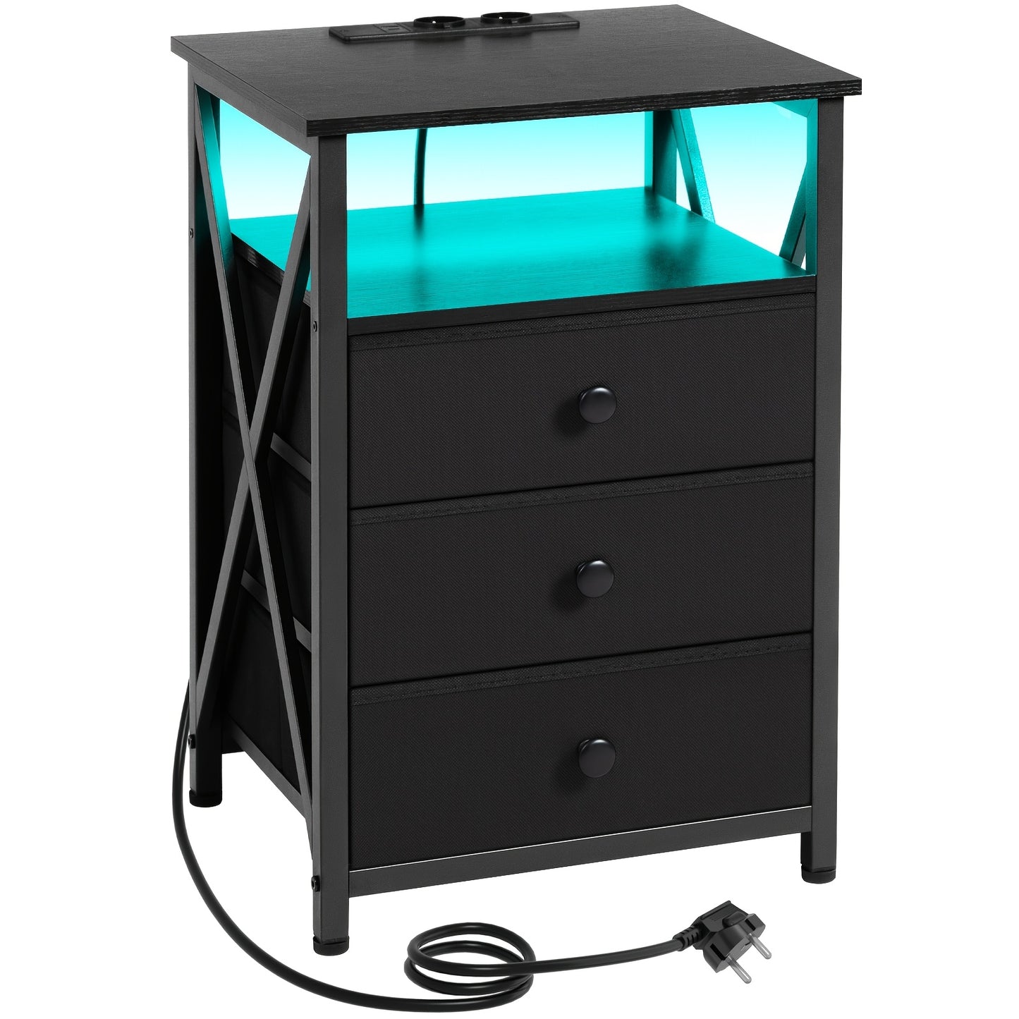 Set Comodino AMHANCIBLE da 1/2 pezzi, Comodino LED con Supporto di Ricarica, Tavolino con Porta USB e Presa, Comodino con 3 Cassetti in Tessuto per Camera da Letto, Soggiorno, Tavolino Laterale per Divano, Comodino
