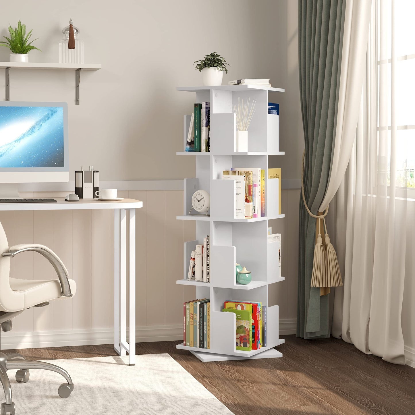 1 pz di libreria rotante, divisorio per ambienti, scaffale girevole per ufficio, scaffale decorativo, rotazione libera a 360 gradi, con 4 strati di lamina MDF, dimensioni 40X129X40 cm