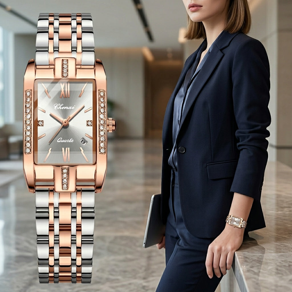 Jewelrywe Orologi Donna Analogico Quarzo Orologio da Polso Lusso Elegante Calendario con Data Strass Rettangolare Bracciale in Acciaio Inossidabile Business Casual
