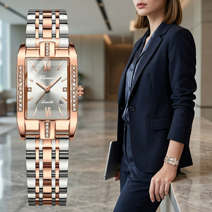 Jewelrywe Orologi Donna Analogico Quarzo Orologio da Polso Lusso Elegante Calendario con Data Strass Rettangolare Bracciale in Acciaio Inossidabile Business Casual