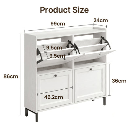 Scarpiera a quattro ante di grande capacità con design ventilato, scarpiera chiusa, spazioso ripiano, può contenere 20-24 paia di scarpe, design anti-ribaltamento, adatta per l'installazione in ingressi, corridoi e soggiorni, dimensioni: 99X24X91Cm