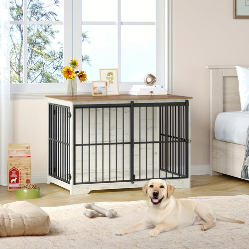 Gabbia per Cani Arredo, 110 cm Gabbia per Cani, 2 Ante, Gabbia Moderna per Interni, Adatta a Cani Piccoli/Medii/Grandi fino a 100 kg, Tavolino Laterale, Ante Scorrevoli Rinforzate, 65 x 110 x 81 cm, Nero/Bianco e Nero