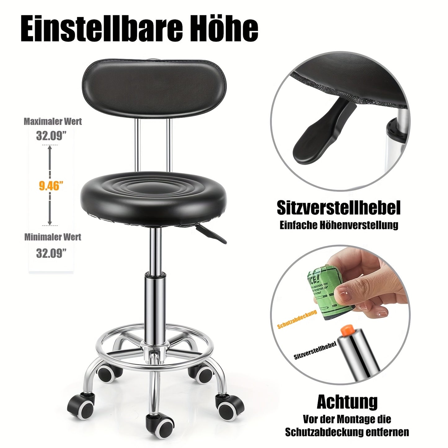 Kehot Sgabello Regolabile con Altezza Regolabile, Base Girevole a 360°, Schienale in Pelle Finta e Sede in Tessuto Riciclato - Struttura in Metallo Contemporanea, 5 Ruote per Casa, Ufficio, Cucina, Sgabello per Cucina, Ufficio, Design Moderno, Costruzione